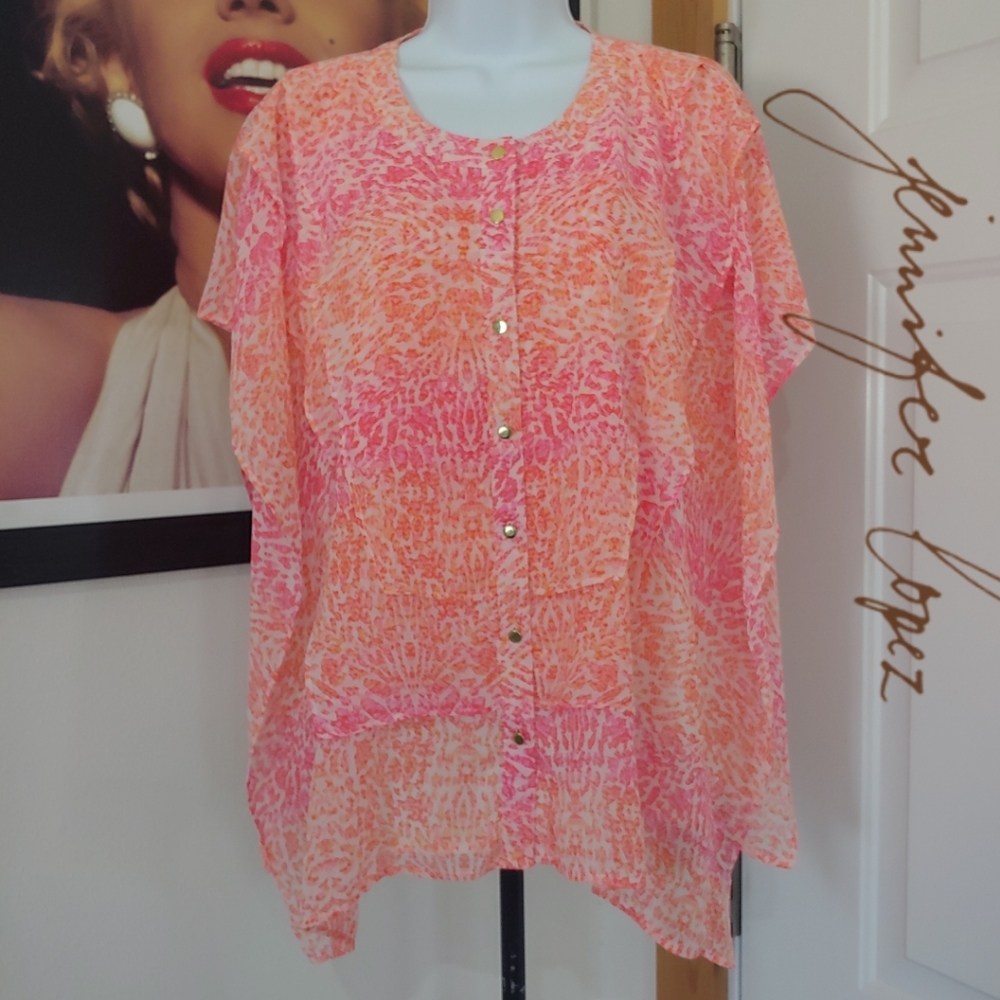 Jennifer Lopez Sheer Top, Women's Size Large, Coral/PinkWhite